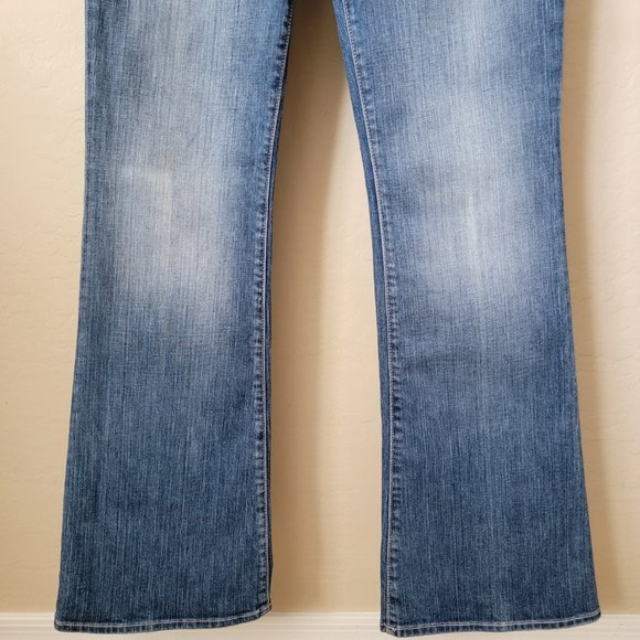 Blue 2 Medium Wash Pink Stitching Distressed Flare Denim Jeans - Picture 6 of 14